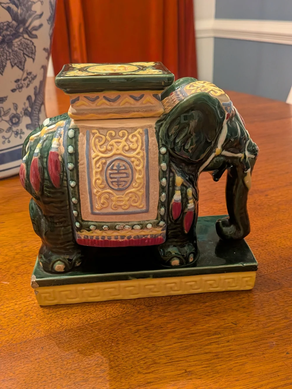 Vintage Chinoiserie Ceramic Elephant Planter Candle Holder, Green Glazed Pottery